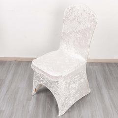 Crushed Velvet Spandex Banquet Chair Cover Fitted Slipcover White - Stretch 190GSM Slipcover with Foot Pockets for Weddings & Events