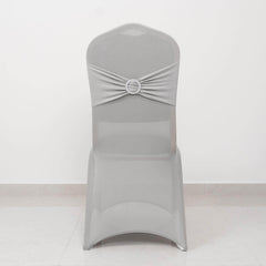 Spandex Chair Cover with Rhinestone Buckled Sash Band Silver - Stretch Fitted Slipcover