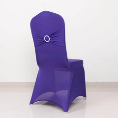 Spandex Chair Cover with Silver Rhinestone Buckled Sash Band Purple - Stretch Fitted Slipcover