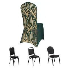 Spandex Chair Cover with Wave Embroidered Sequins for Banquet Chairs Hunter Emerald Green/Gold - Glittering Stretch Fitted Slipcover