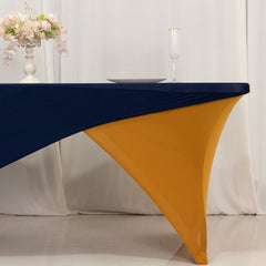 Stretch Spandex 72"x30" Rectangle Table Cover Navy Blue/Gold Cross Over Design - Two-Piece Fitted Tablecloth with Elastic Foot Pockets