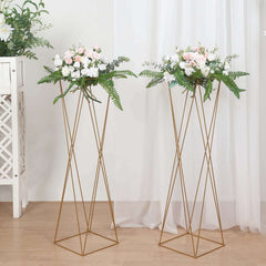2-Pack Wedding Centerpieces Metal Geometric Crisscross Design Gold - Open Column Pedestal Stands 32"