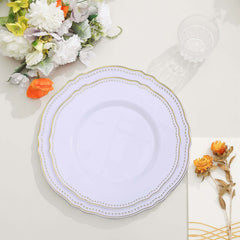 10-Pack Plastic Dinner Plates in White with Gold Scalloped Rim - Disposable Party Plates 9"