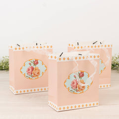 12-Pack Favor Bags Vintage Rose Floral Tea Party, Dusty Rose Paper Goodie Gift Bags with Ribbon Handles, 6"x7"x3"
