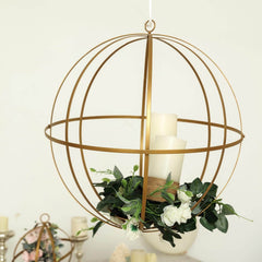 Hanging Sphere Candle Holder Gold Wrought Iron Open Frame Floral Display - Centerpiece Ball 12"