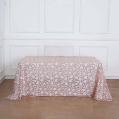 Tulle 90"x156" Rectangle Tablecloth Rose Gold - Sequin Leaf Embroidered Table Cover