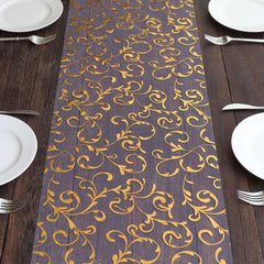 Sheer Organza 12"x108" Table Runner Roll Metallic Gold Foil Embossed Floral Design - Stylish Event Decoration