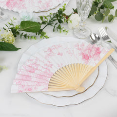5-Pack Paper Folding Fans Party Favors in White & Pink French Toile Pattern, Handheld Fans with Bamboo Frame