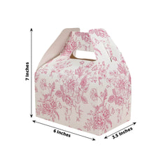 25 Pack Candy Treat Tote Boxes in French Toile Pattern - Matte Pink and White Party Favor Gable Boxes, Cardstock Paper - 6"x3.5"x7"
