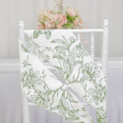 Polyester Chair Sashes White Dusty Sage Green French Toile Floral Design - Wrinkle-Resistant & Durable Chair Bows 6"x108"