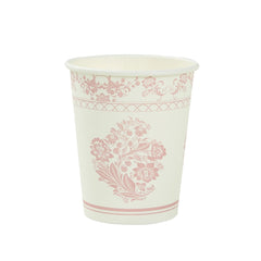 24 Pack Disposable Paper Cups in White Pink Damask Floral Pattern, Elegant Party Cups - 9oz