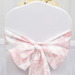 Polyester Chair Sashes White/Pink French Toile Floral Design - Wrinkle-Resistant & Durable Chair Bows 6"x108"