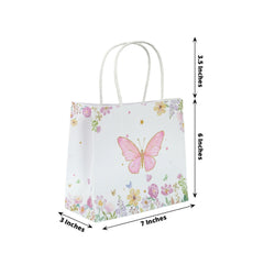 12 Pack Pink Glitter Butterfly Paper Favor Bags with Handles, Floral Print White Goodie Gift Bags - 6"x7"