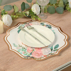 10-Pack Disposable Table Placemats in White with Peony Flowers Print & Rose Gold 13"