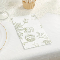 50-Pack Paper Dinner Napkins White with Matte Sage Green French Toile Floral Pattern 2-Ply - Stylish Disposable Napkins for Events