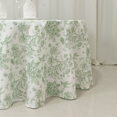 Polyester 120" Round Tablecloth White - Dusty Sage Green French Toile Pattern for Chic Weddings