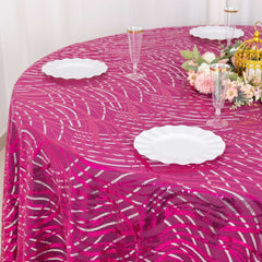 Sequin Mesh 120" Round Tablecloth Fuchsia/Silver - Seamless Wave Embroidered Table Cover