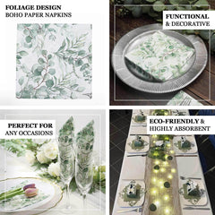 20-Pack Paper Beverage Napkins with Green Foliage Eucalyptus Leaves Design - 2 Ply Soft 18GSM Boho Wedding Napkins 6.5"x6.5"