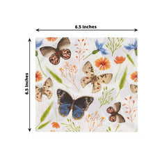 50-Pack Paper Beverage Napkins with Field Herbs and Butterfly Print Ivory - 2 Ply Disposable 18GSM Garden Party Napkins 6.5"x6.5"
