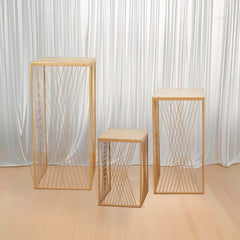 Set of 3 Gold Metal Rectangular Plant Stands with Geometric Crossed Lines Pattern, Nesting Cake Dessert Tables Floral Display Stands - 19",27",35"