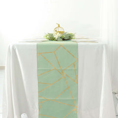 Polyester 9ft Table Runner Sage Green with Gold Foil Modern Geometric Accent