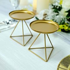 2-Pack Pillar Candle Holders Gold Metal Geometric Triangle Base Design - Decorative Centerpiece 5"