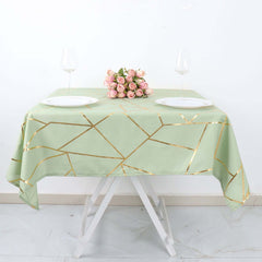 Polyester 54"x54" Square Tablecloth Sage Green with Gold Foil Geometric Pattern - Wrinkle-Resistant & Durable for Stylish Settings
