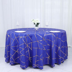 Polyester 120" Round Tablecloth Royal Blue with Gold Foil Geometric Pattern Wrinkle-Resistant Seamless Table Cover