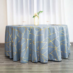 Polyester 120" Round Tablecloth Dusty Blue with Gold Foil Geometric Pattern Wrinkle-Resistant Seamless Table Cover