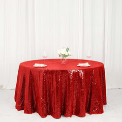 Sequin 120" Round Tablecloth Red - Seamless Glittering Table Cover