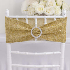 5 Pack Chair Sashes Shimmer Tinsel Spandex 5"x12" with Silver Rhinestone Buckles Champagne - Stylish Chair Bands