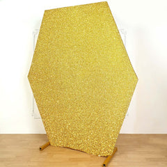 8ftx7ft Gold Metallic Shimmer Tinsel Spandex Hexagon Wedding Arbor Cover, 2-Sided Backdrop