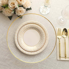 25-Pack Paper 7" Round Dessert Plates in White with Gold Basketweave Rim