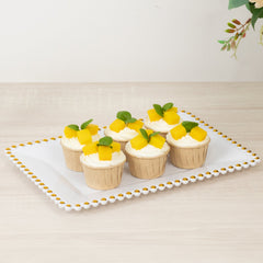 6-Pack Rectangular Acrylic Serving Trays White with Gold Beaded Rim - Food and Dessert Platters 9"x13"