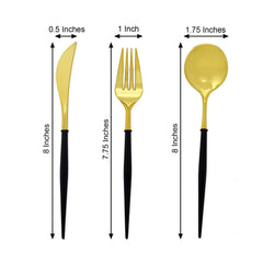 24-Pack Plastic Flatware Set in Metallic Gold with Black Handle - Heavy Duty Disposable Modern Silverware 8"