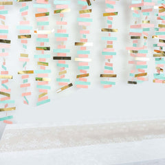Gold, Blush and Turquoise Confetti-Like Paper Party Garland Streamer, Hanging Backdrop Decoration - 6.5ft
