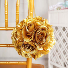 2 Pack 7" Gold Artificial Silk Rose Kissing Ball, Faux Flower Ball