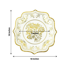 25-Pack Paper Dinner Plates in White Gold Damask Floral Print & Scallop Rim - Stylish Disposable 300GSM Floral Party Plates 10"