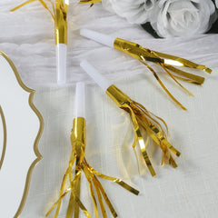 24 Pack Party Horn Noisemakers with Tassels - 7" Gold Metallic Fringed Blowouts for Events and Gatherings - Plastic & Foil Design