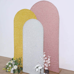 5ft Silver Shimmer Tinsel Spandex Chiara Backdrop Stand Cover For Fitted Round Top Wedding Arch