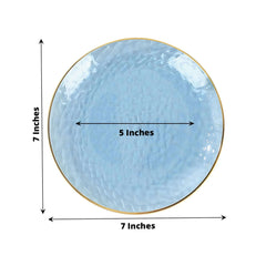 10-Pack Plastic 7" Round Dessert Appetizer Plates in Transparent Dusty Blue Hammered Design with Gold Rim - Modern Disposable Salad Plates