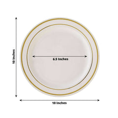 10-Pack Plastic Dinner Plates Ivory with Très Chic Gold Rim - Disposable Party Plates for Gatherings 10"