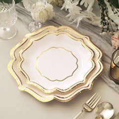 25-Pack Paper Dinner Plates in White with Gold Scallop Rim - Disposable 300GSM Party Plates for Classy Banquets & Celebrations 10"