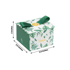 25 Pack Green Monstera Leaf Print Candy Gift Boxes with Satin Ribbon Bow, Thank You Cardstock Paper Party Favor Boxes - 2.5"x2.5"x2"