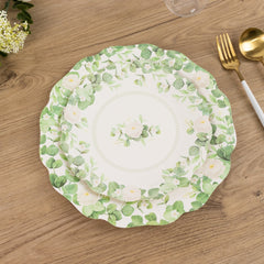 25-Pack Paper 8" Round Dessert Plates in White with Floral Greenery & Scalloped Edges - Disposable Appetizer Salad Plates for Rustic Weddings & Garden Brunches