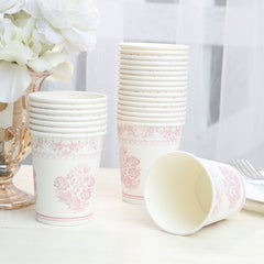 24 Pack Disposable Paper Cups in White Pink Damask Floral Pattern, Elegant Party Cups - 9oz