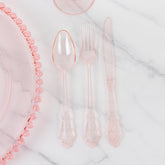 72 Pcs Plastic Silverware Set in Baroque Style Transparent Blush - Heavy Duty Disposable Knife, Fork, and Spoon Set