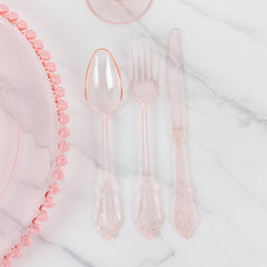 72 Pcs Plastic Silverware Set in Baroque Style Transparent Blush - Heavy Duty Disposable Knife, Fork, and Spoon Set