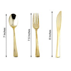 24-Pack Plastic Utensil Set Metallic Gold Classic Heavy Duty - Decorative Disposable Tableware 7", 8"