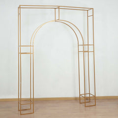 8ft Heavy Duty Gold Metal Rectangular Wedding Arch in Arc de Triomphe Style, 3D Floral Balloon Frame Backdrop Stand